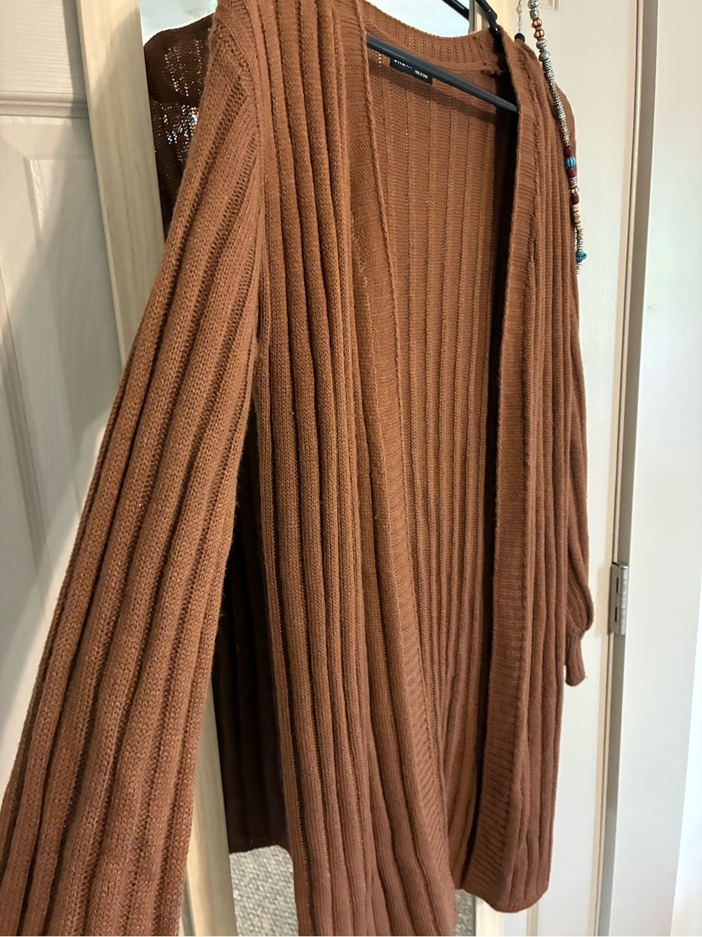 SHEIN Ribbed Long Open-Front Cardigan in Chestnut Brown - Picture 3 of 5
